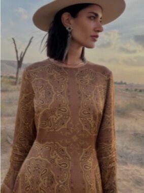 Never Fully Dressed caramel Paisley Long-Sleeve Midi Dress with Flared Hems NWOT